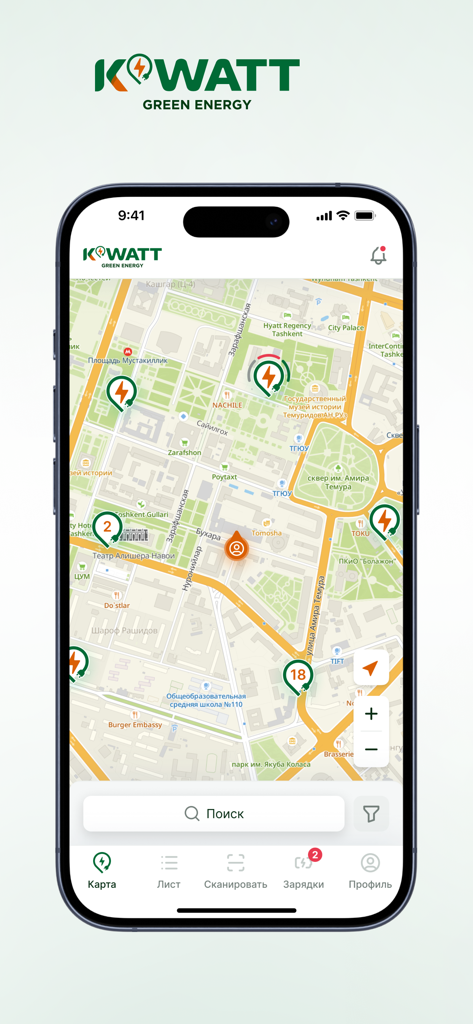 K WATT app map view showing multiple electric vehicle charging stations.