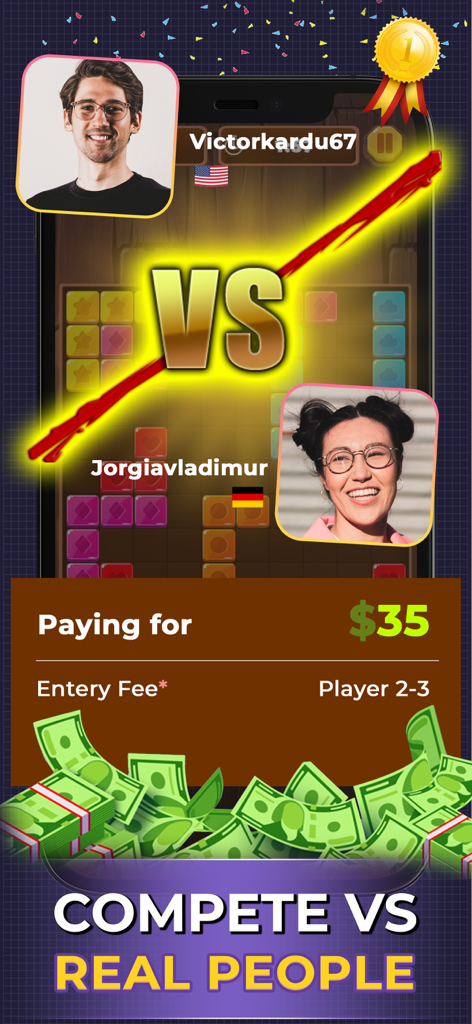 Two players competing in a head-to-head block puzzle match for a thirty-five dollar cash prize