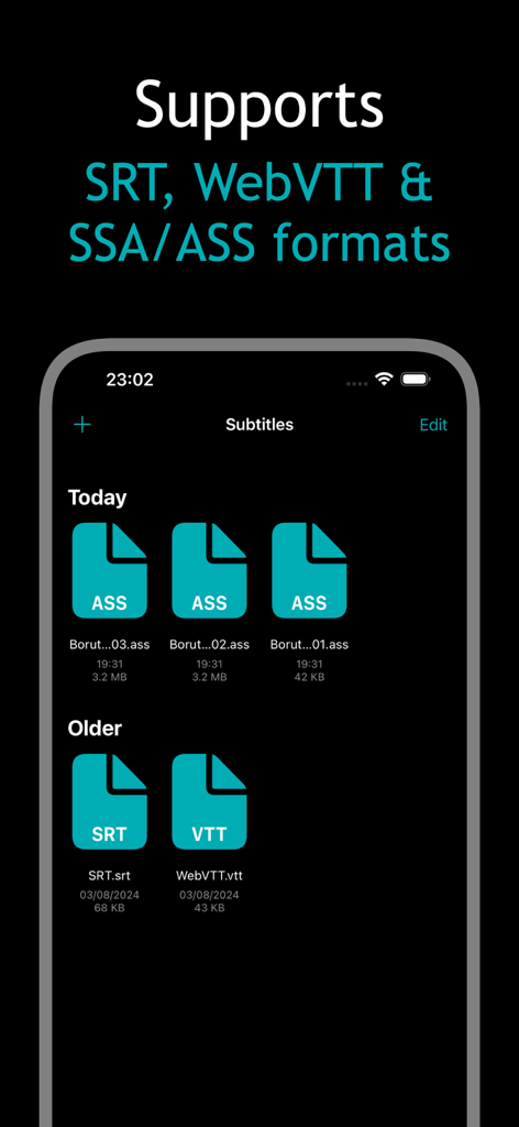 Captions Craft - Captions Craft screen showing support for SRT WebVTT and ASS subtitle formats
