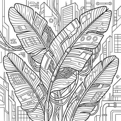 Step into a futuristic jungle with this captivating Banana Leaf Cyberpunk coloring page. This unique design merges the organic beauty of tropical leaves with intricate high-tech details, promising an engaging creative escape.