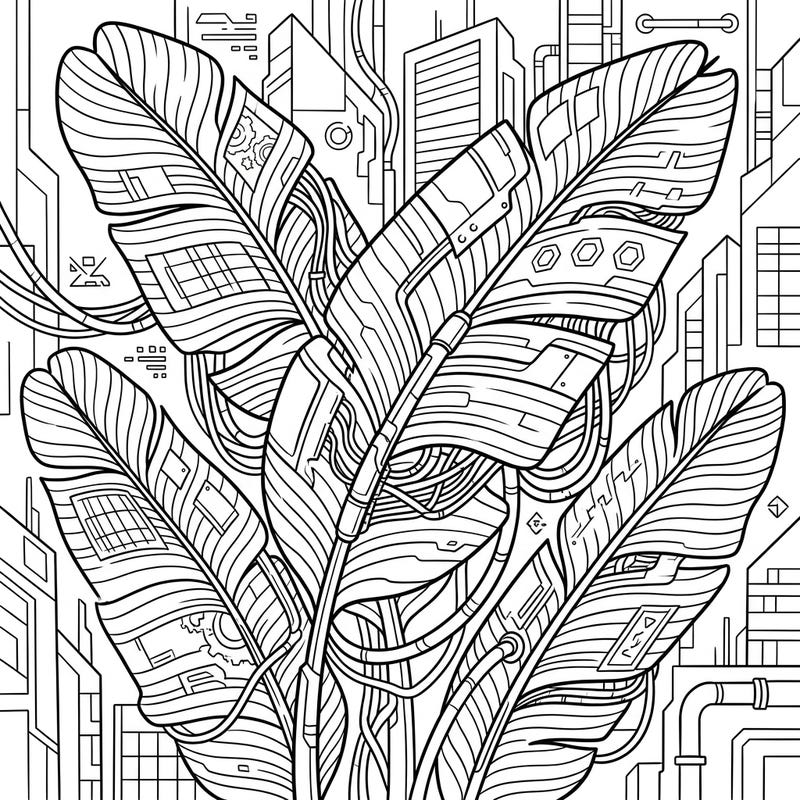 Step into a futuristic jungle with this captivating Banana Leaf Cyberpunk coloring page. This unique design merges the organic beauty of tropical leaves with intricate high-tech details, promising an engaging creative escape.