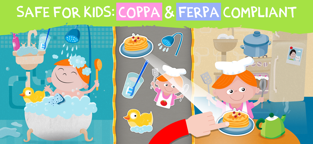 Baby Games: Ad-Free Learning - Gioco educativo per bambini che mostra scene di classificazione di oggetti tra una cucina e un bagno con un banner di conformità di sicurezza.