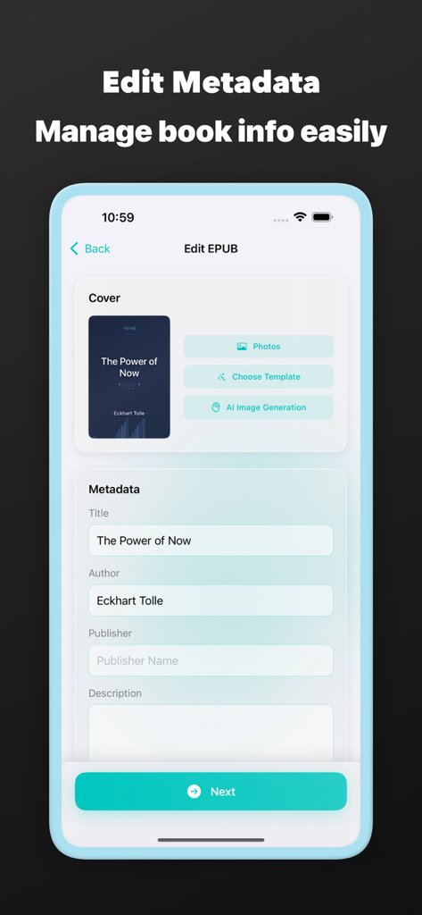 EPUB Cover Maker: Book Design - A mobile interface for editing EPUB metadata including title, author, and book cover design options.