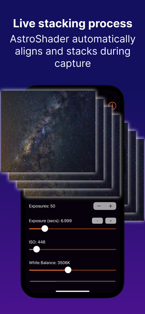 AstroShader - Interfaz de la aplicación AstroShader que ilustra el proceso de apilamiento en vivo para capturar estrellas con controles manuales de la cámara.