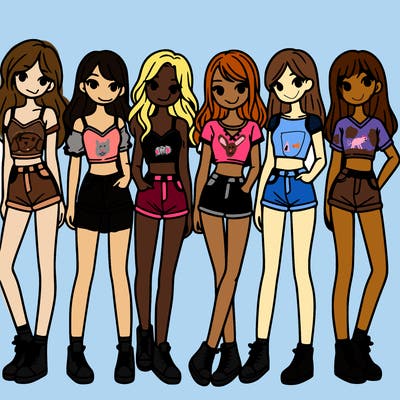 a group of girls wearing crop tops and shorts