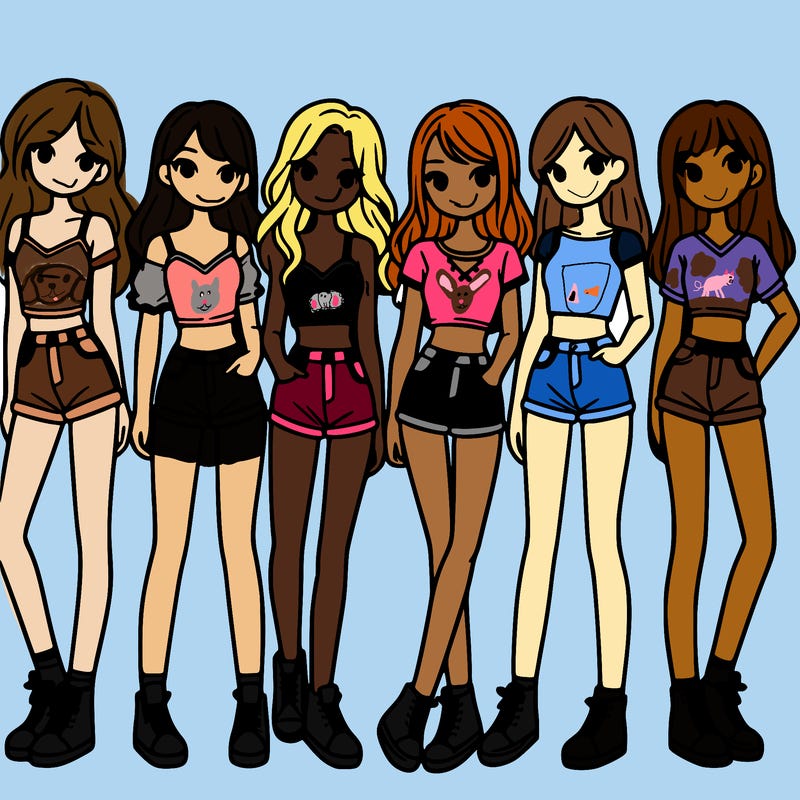 a group of girls wearing crop tops and shorts