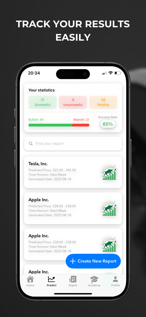 Finnext: AI Stock Forecasts - Finnext app interface displaying stock prediction accuracy statistics and historical trade reports