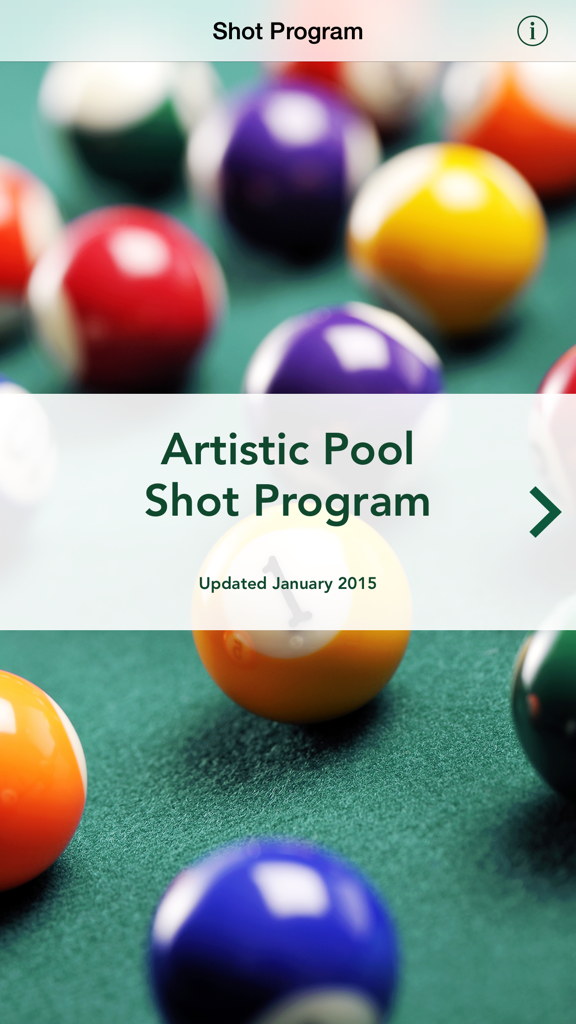 Pool Trick Shot Diagrams (Lite) - Introductory screen of the Artistic Pool Shot Program app showing a background of pool balls on green felt.