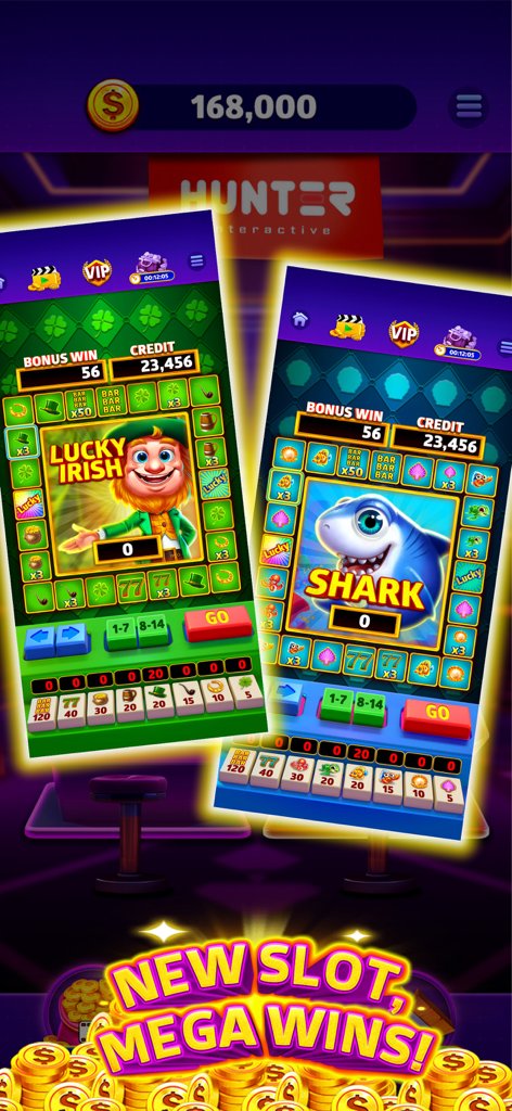Hunter Slot - Two mobile slot game screens showing Lucky Irish and Shark themes with a pile of gold coins