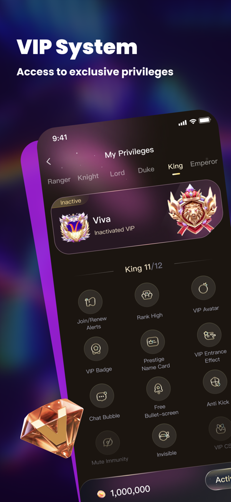 VIVA LIVE - VIVA LIVE App-Bildschirm, der das VIP-System und exklusive Mitgliedschaftsvorteile zeigt