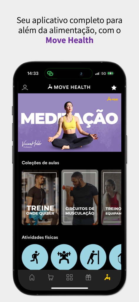 WebDiet para pacientes - La section Move Health de l'application WebDiet montrant des options de méditation et d'entraînement physique.