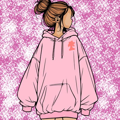 realistic girl with a oversized sweatshirt on and a bun
