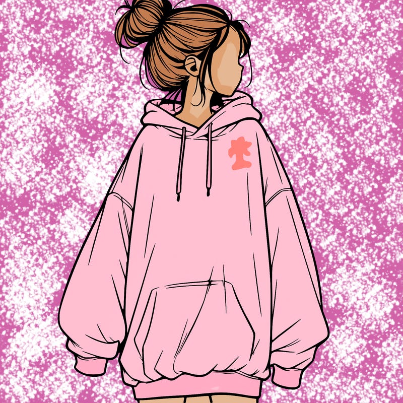 realistic girl with a oversized sweatshirt on and a bun