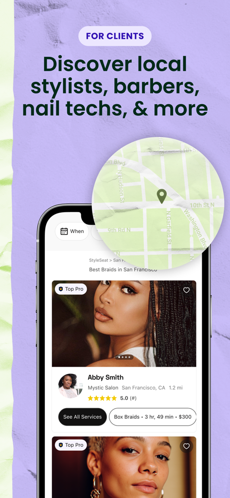 Interface do aplicativo móvel para StyleSeat mostrando como os clientes podem encontrar e reservar profissionais de beleza locais com um mapa e perfis de profissionais.