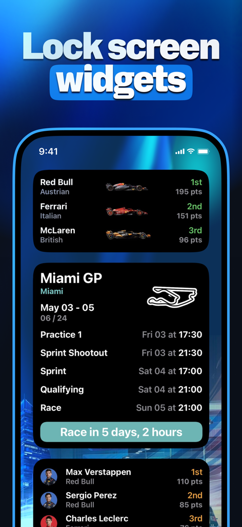 Race Widgets for F1 - A smartphone display showing F1 lock screen widgets including team standings, the Miami GP schedule with a countdown, and driver rankings.