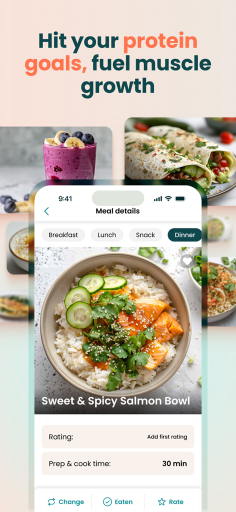 Raize: fitness & workout plans - Interface of the Raize app featuring a salmon bowl recipe and nutritional goals for muscle growth.
