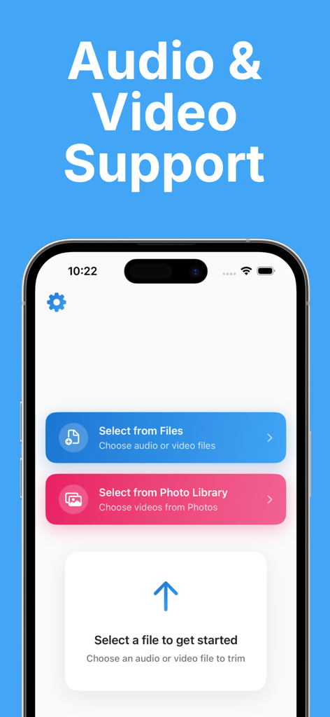 Uma interface de aplicativo móvel mostrando opções para selecionar arquivos de áudio ou vídeo do armazenamento do dispositivo e da biblioteca de fotos para começar a cortar.