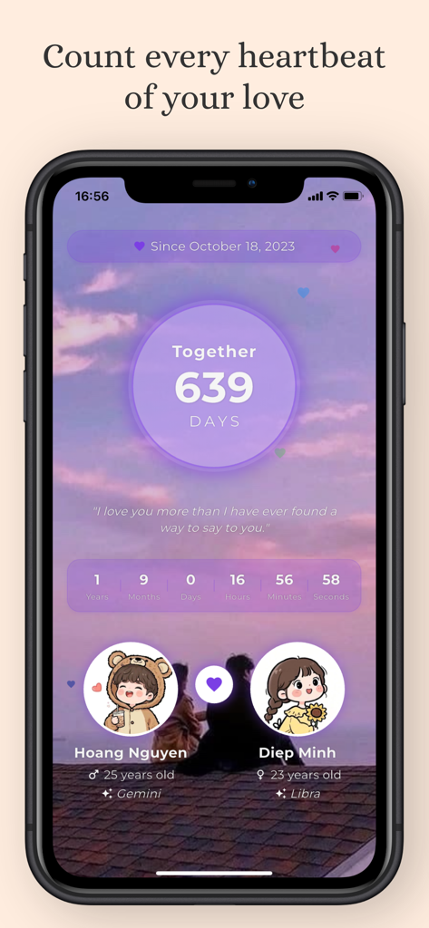 A screenshot of the Been Together app showing a love day counter with 639 days and custom couple profiles