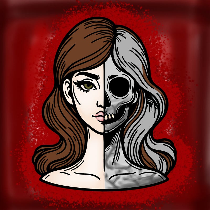 bust of a woman, half face and hair, half skull