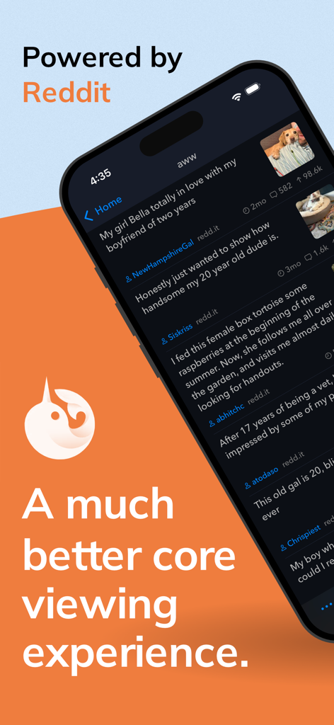 Narwhal 2 for Reddit app interface showing a clean dark mode feed on a smartphone
