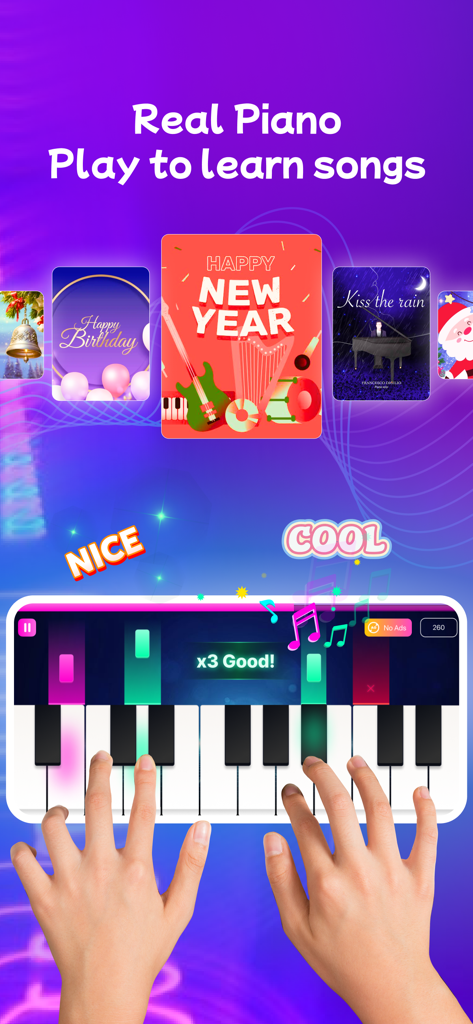 Interface de teclado de piano digital com notas caindo e cartões de aprendizado de músicas