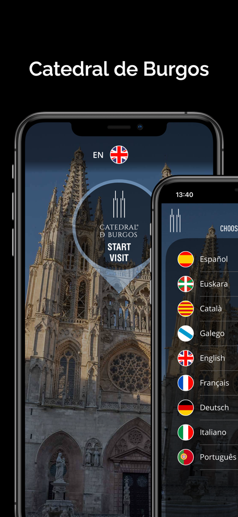 ブルゴス大聖堂ビジターアプリの言語選択と開始ボタンが表示されたスマートフォンの画面