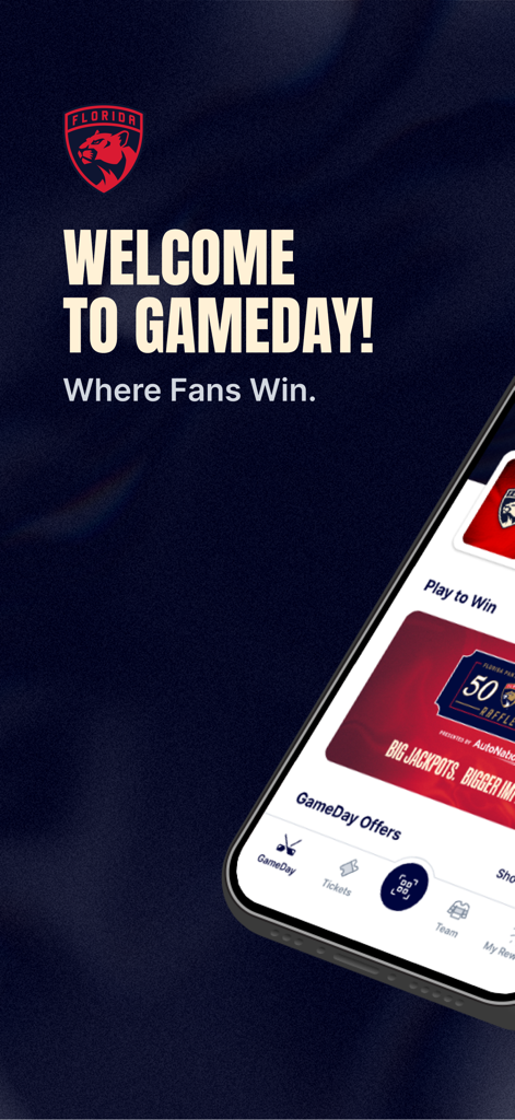 Florida Panthers GameDay - Florida Panthers GameDay app welcome screen with team logo and slogan