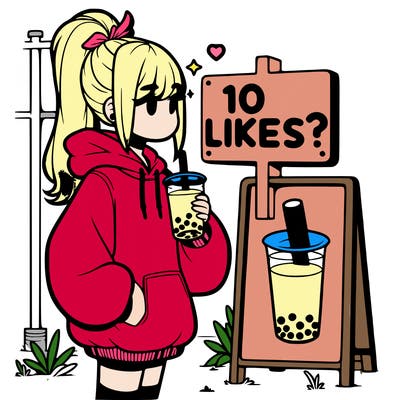 girl with oversized hoodie drinking boba and she has a high ponytail with a sign that says 10likes?