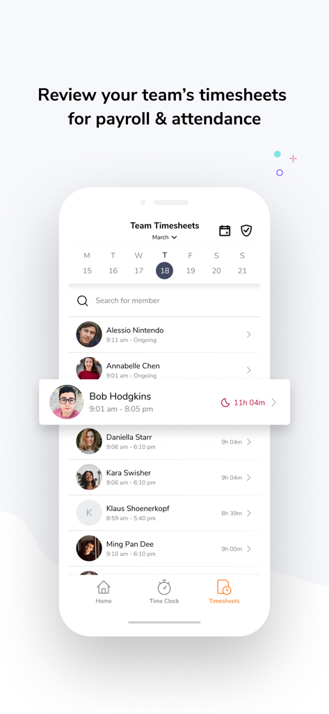 Jibble: Attendance Tracker - Mobile app screen showing a list of employee timesheets with hours worked for payroll and attendance tracking