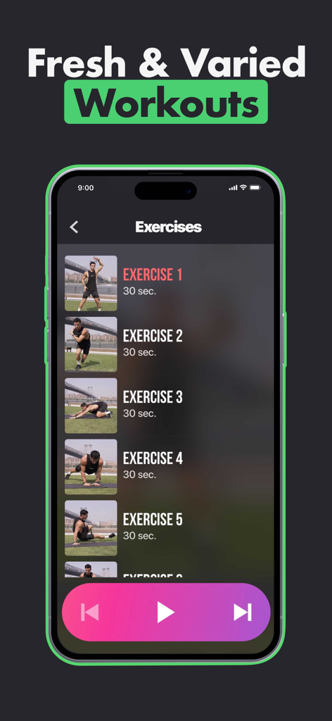 A smartphone displaying a list of 30-second bodyweight exercises with video previews in the VG Fit app interface.