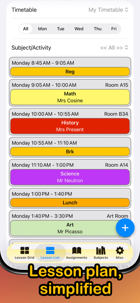 School Timetable Pro Schedule - School Timetable Pro app interface showing a colorful list of daily classes and room numbers