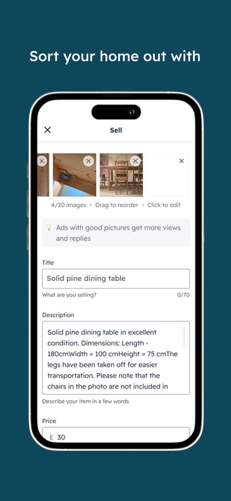 Gumtree – Buy & Sell - Interfaz de la aplicación móvil Gumtree para crear un nuevo anuncio de artículo para vender