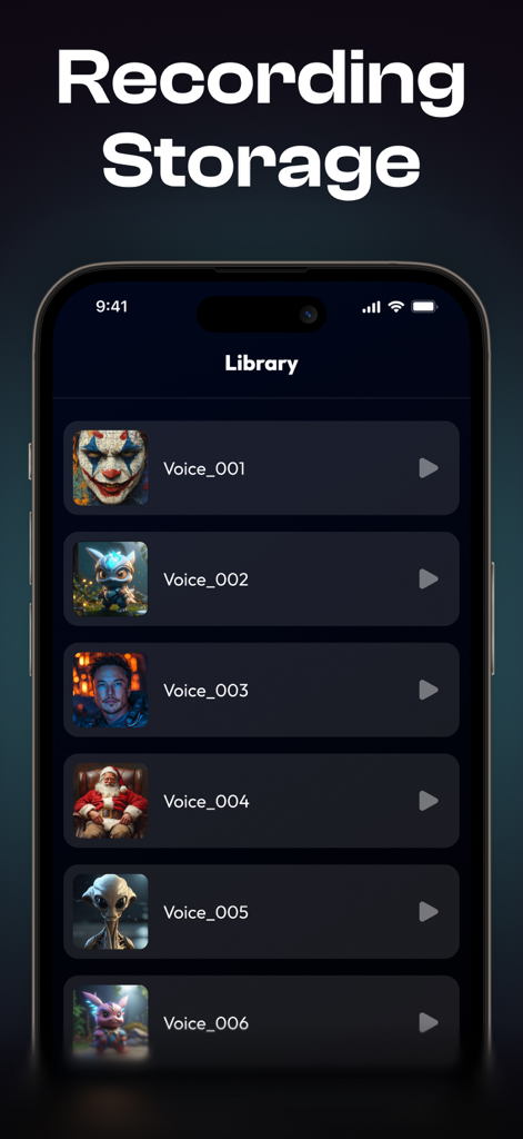 Una interfaz móvil que muestra una biblioteca de grabaciones de voz con IA guardadas con varios iconos de personajes.