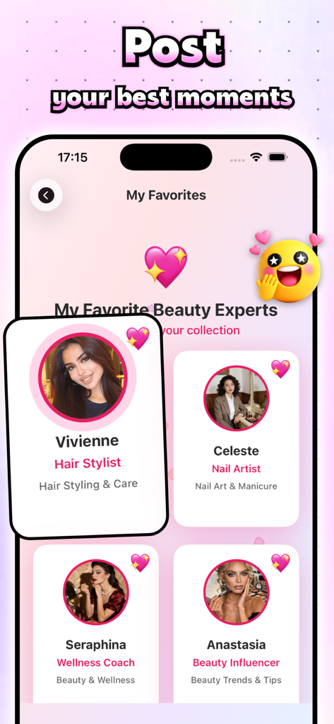 Drevo - Beauty - A mobile interface of the Drevo app displaying a collection of favorite AI beauty experts including a hair stylist and nail artist
