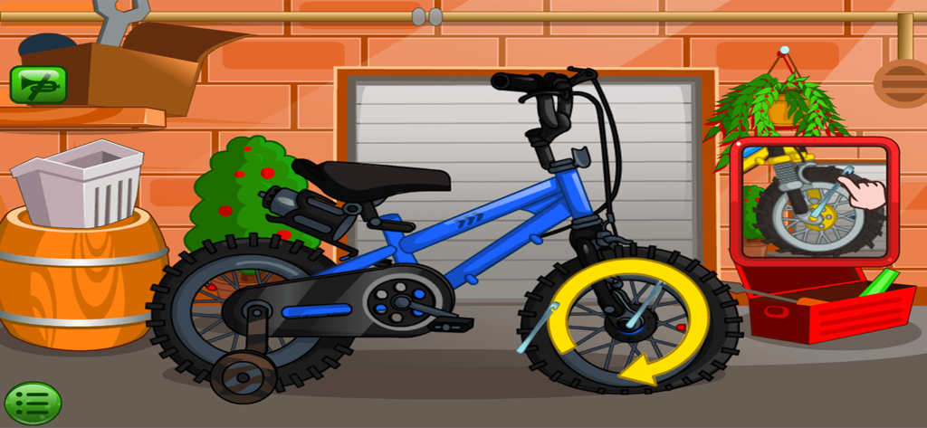 Clean Up, Bike Car Wash Games - Una bicicleta azul siendo reparada en un taller de garaje con herramientas