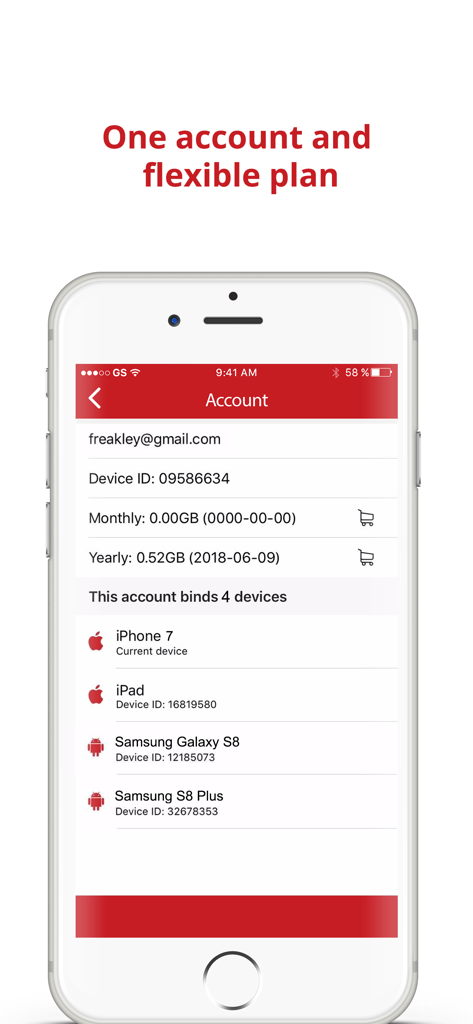 VPNZ account screen displaying multiple linked devices and subscription options