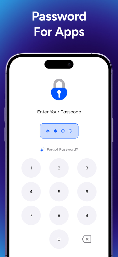 App Lock - Lock Apps & Photos - アプリケーションをロックするためのパスコードを入力する数字キーパッドが表示されたスマートフォンのインターフェース。