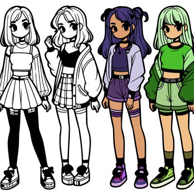 one girl with crop-top shirt and a jacket with a skirt, long socks and another girl with a shirt and pants with a jacket