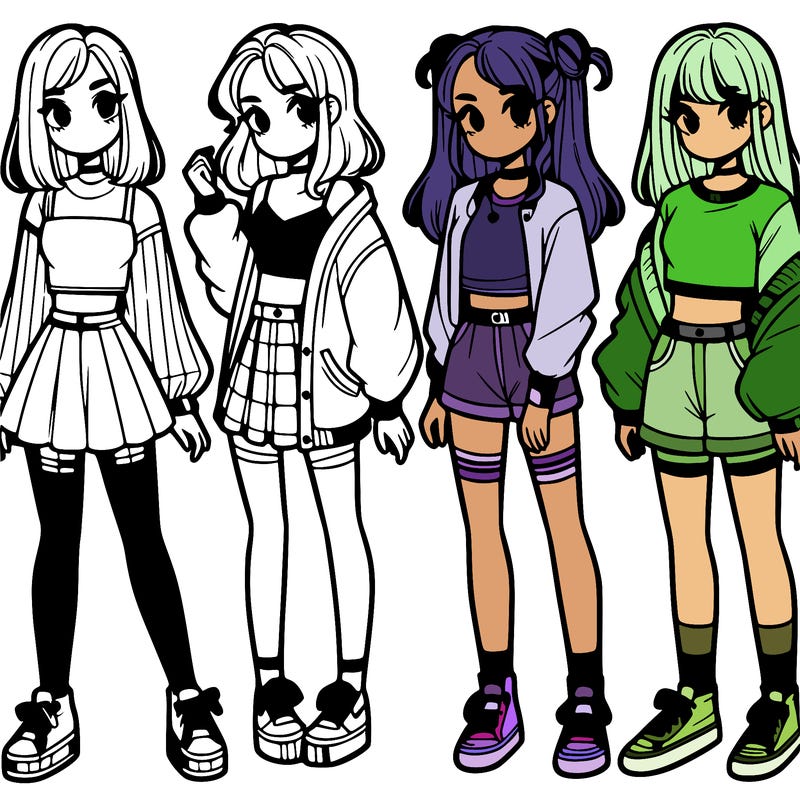 one girl with crop-top shirt and a jacket with a skirt, long socks and another girl with a shirt and pants with a jacket