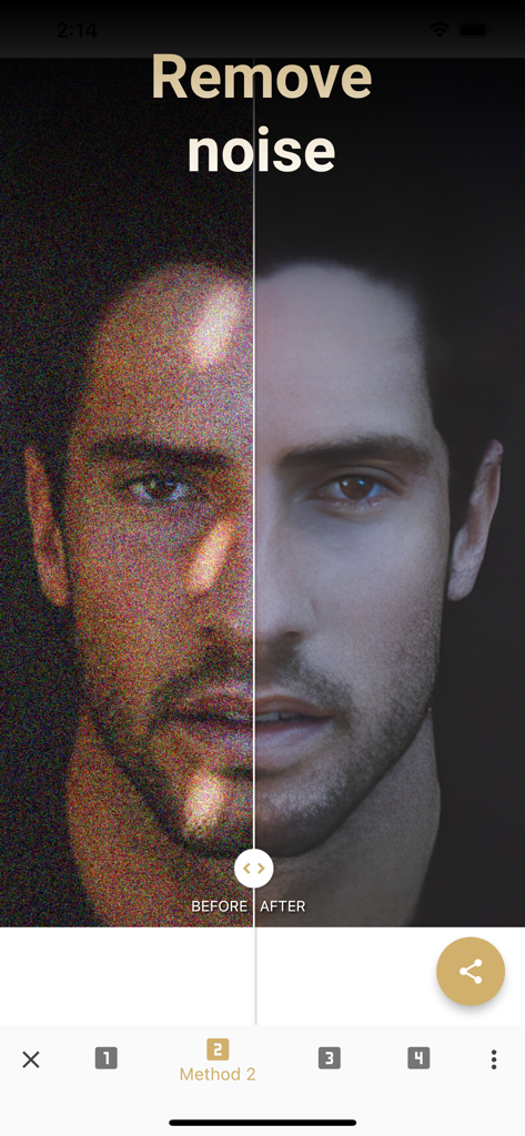 Before and after split screen showing AI noise removal on a portrait photo