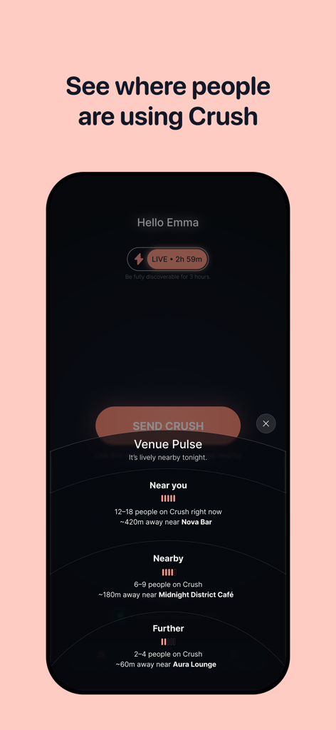 Crush Signals - A mobile interface for Crush Signals showing Venue Pulse with real-time user activity at nearby bars and cafes