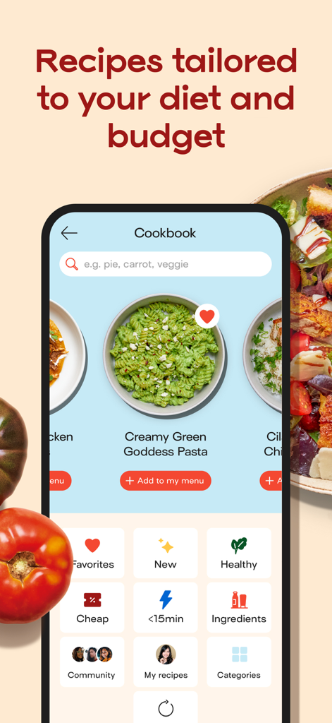 Jow - easy recipes & groceries - Jow app cookbook screen showing recipes tailored to diet and budget with categories for healthy and cheap meals