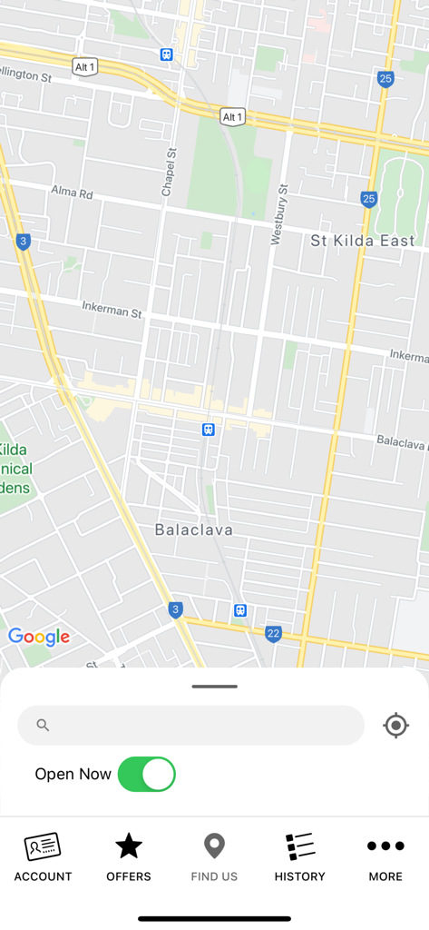 YoChi app store locator screen featuring a map with search bar and open now filter toggle