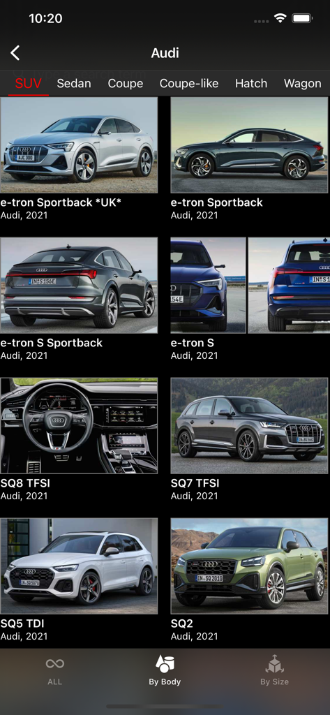 Una interfaz de aplicación móvil que muestra una cuadrícula de modelos SUV Audi 2021, incluyendo el e-tron Sportback y el SQ8.