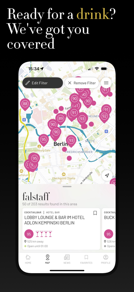 Falstaff Guide - Falstaff Guide app displaying a map of highly rated cocktail bars in Berlin.