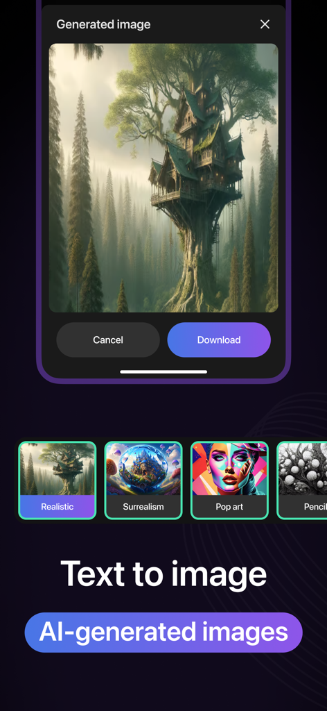 ChatAI app interface showing the text to image generator with a realistic treehouse and art style options.