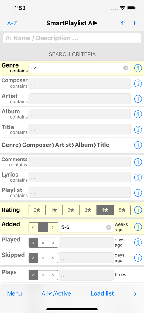 SmartPlaylist app screen showing advanced music search filters for genre rating and history