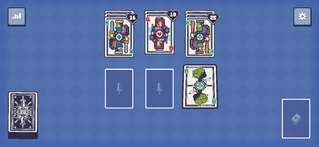 Royal Card Clash - Gameplay screen of Royal Card Clash showing a tactical card battle with royal enemies in a retro pixel art style