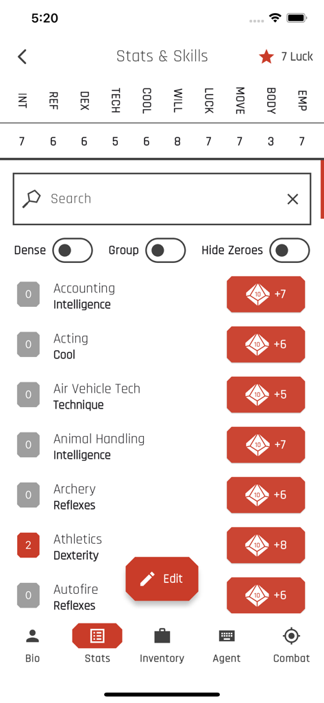 Interface of the Cyberpunk Red Companion app showing a characters stats and skills list with dice roll buttons