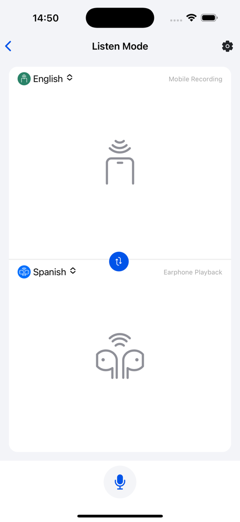 Vobot Talk - Vobot Talk app interface in Listen Mode showing English to Spanish voice translation